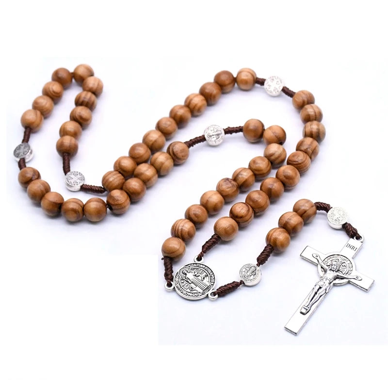 Wooden Rosary Beaded Necklace with Saint Benedict Medal and cross