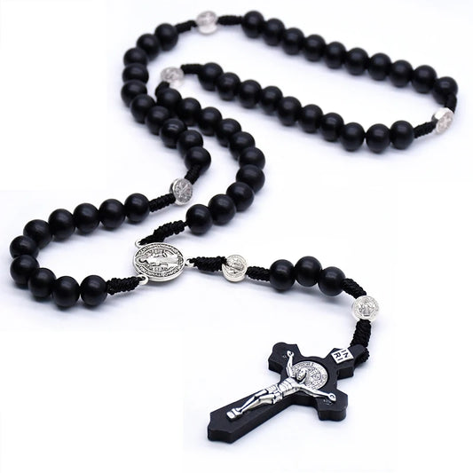 Wooden Rosary Beaded Necklace with Saint Benedict Medal and cross